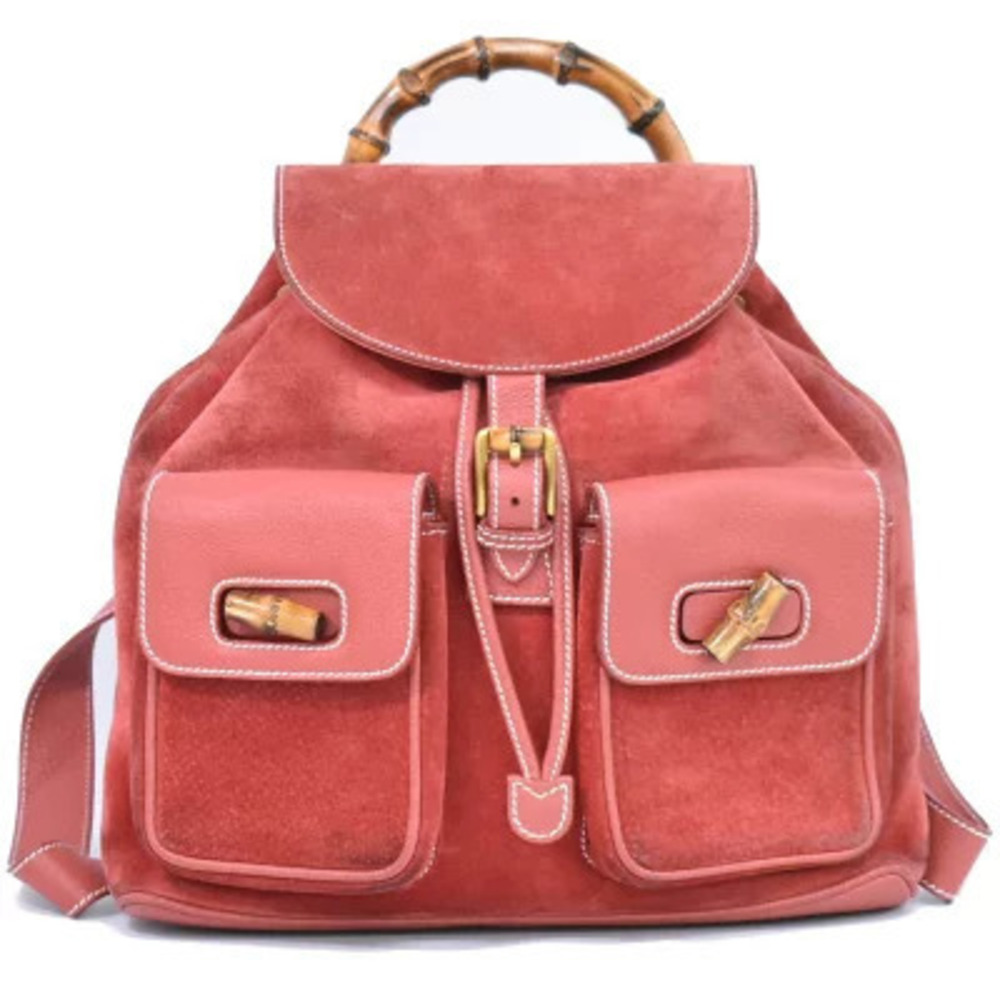 Gucci Bamboo Drawstring Backpack Rucksack Suede Leather Red